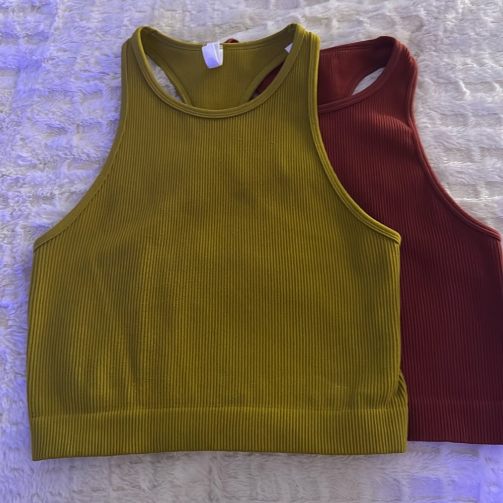 Midriff shirts L/XL spandex/nylon burgundy, and green.